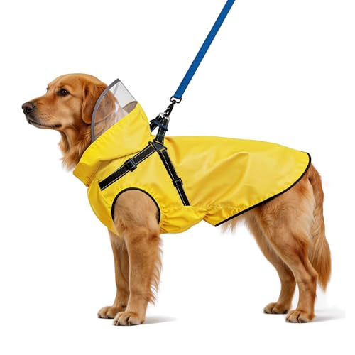 Dog Raincoat: Dog Rain Jacket with Reflective Harness & Removable Hood | Waterproof Dogs Rain Coat Poncho for Large Medium Small Dogs Puppies (Yellow - XL) - size: X-Large