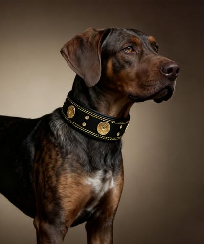 Leather Dog Collar, 2 inches Wide Heavy Duty Genuine Leather Collars, Handmade, Soft, and Luxury, Eye-catching Best Choice for Large and Medium Breed Dogs, Black-Gold 15-19 in - color: Black-Gold, size: 15-19 in