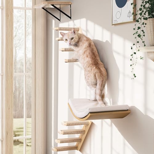 Cat Wall Shelves with Cats Window Perch – 4-Piece Wooden Cat Climbing Furniture Set with Soft Foam Curved Bed, Flat Shelf & 2 Wall 4-Steps Ladders - color: Foam/Felt-Wood, size: 1 Curved Bed 1 Shelf 2 Ladders