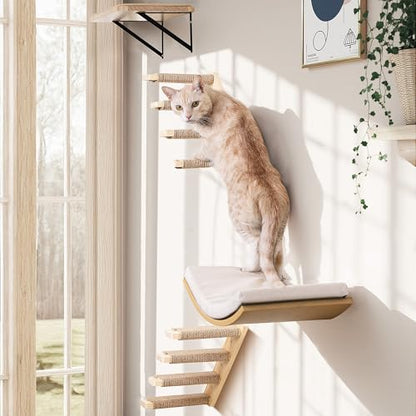 Cat Wall Shelves with Cats Window Perch – 4-Piece Wooden Cat Climbing Furniture Set with Soft Foam Curved Bed, Flat Shelf & 2 Wall 4-Steps Ladders - color: Foam/Felt-Wood, size: 1 Curved Bed 1 Shelf 2 Ladders