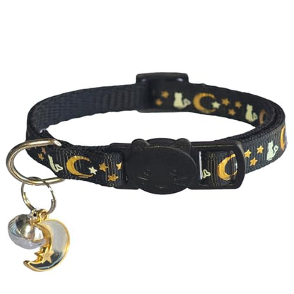 2 Pack Breakaway Cat Collars, Glow in Dark with Bell & Moon Star Pendant, Safety Buckle Kitten Collars Adjustable from 6.9-10.7" (Black/Purple) - color: Black & Purple, size: 6.9 - 10.7 in