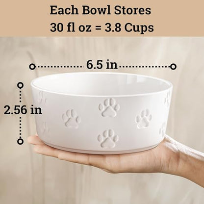 Ceramic Dog Bowl Set of 2 with Anti-Skid Base - 6.5" Wide x 2.5" Tall Ceramic Dog Bowls Medium Sized Dogs - 3.8 Cup Capacity Food and Water Bowls for Dogs - Rubber Bottom Pet Bowl Set of 2 Medium Size - color: White, size: Medium