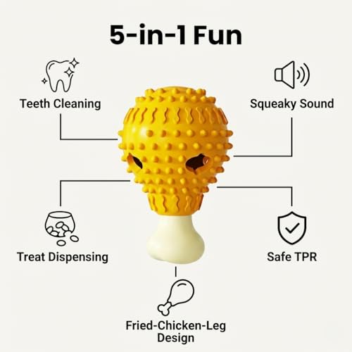 Fried-Chicken-Leg-Shaped Design Squeaky Treat Dispenser, Dog Chew Toys for Aggressive Chewers, TPR Durable Interactive Enrichment Puzzle Toy for Large Medium Small Breed Dogs