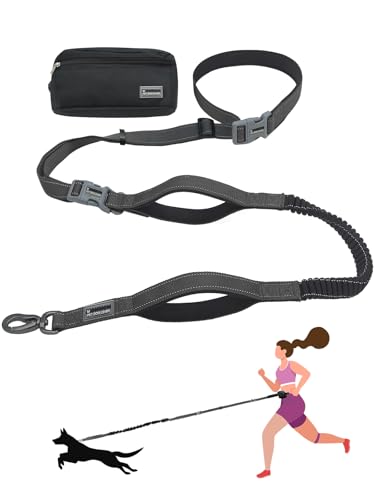 Hands Free Dog Leash with Zipper Pouch & Waist Belt – Reflective Durable Bungee Leash with Dual Padded Handles for Walking, Jogging & Running, Fits Small to Large Dogs (Black) - color: Black