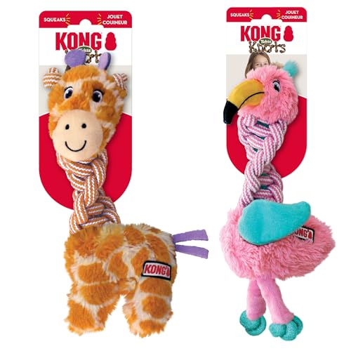 KONG Knots Twists Dog Toys, 2-Pack Assorted – Durable Braided Rope with Squeaker, Minimal Stuffing, Soft & Tough Chew Toy for Thrashing & Teeth Cleaning (Small/Medium) - size: Small/Medium
