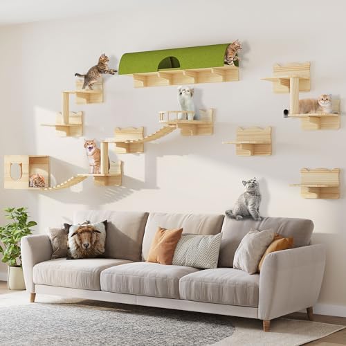 Cat Shelves for Wall, 16-in-1 Solid Wood Wall Mounted Cat Wall Shelves with Tunnel, Scratching Post, Steps & Bridge Ladder, Multi-Level Cat Climbing System, Space Saving, Floating Cat Shelves - color: Burlywood, size: 16-in-1