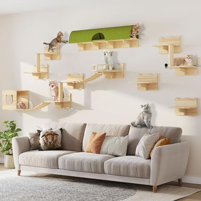 Cat Shelves for Wall, 16-in-1 Solid Wood Wall Mounted Cat Wall Shelves with Tunnel, Scratching Post, Steps & Bridge Ladder, Multi-Level Cat Climbing System, Space Saving, Floating Cat Shelves - color: Burlywood, size: 16-in-1