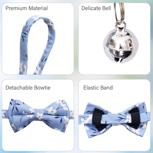 6 Pcs Spring Cat Collar Breakaway with Bow Tie and Bell Kitten Collars Removable Bowtie Plaid Flower Cat Collar for Cats Kittens Puppy (Flower) - style: Flower