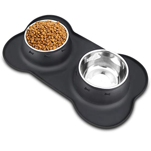 Dog Food Bowls Stainless Steel Pet Bowls & Dog Water Bowls No Spill Non Skid, Feeding Bowls with Dog Bowls Silicone Mat for Small Medium Large Size Dogs, Cat Pet Dog Dishes Set, Black, 3 Cup - color: Black, size: 3 Cup/27 oz each
