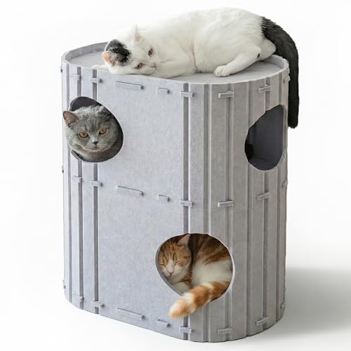 PETKARAY 2-Story Felt Cat House, Large Bed Cave for Indoor Cats, Felt Tunnel Hideaway Condo for Multi-Cat Households, 23.6x22x12 inches, Beige - color: Grey, size: 2-Story Condo