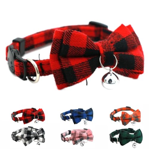 Red Plaid Cat Collar with Bell and Bow, Breakaway Kitten Collar with Bells Bowtie Puppy Collars for XXS Xs Small Little Tiny Pet Dogs Boy Girl, for Christmas Hoilday Birthday Party - color: Red Plaid