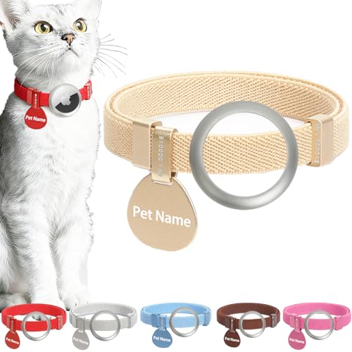 Minimalist Stretch Lightweight Custom Engraved Airtag Cat Collar with Apple Air Tag Holder and Name ID Tag Personalized Cat Collars for Kitten Boy & Girl Cats(Champagne Gold,Apple Airtag Holder+ID Tag - color: Champagne Gold, size: Collar With Apple Airta