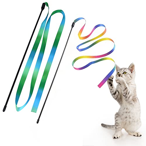 LASOCUHOO Interactive Cat Rainbow Wand Toys, Interactive Cat Teaser Wand String, Colorful Ribbon Charmer for Most Cats and Kittens - 2 PCS - color: Greenrainbow