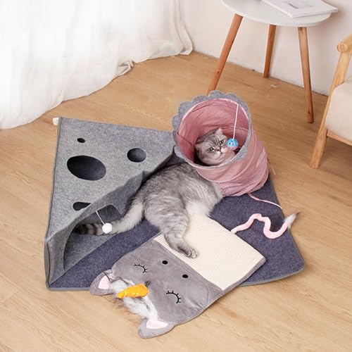 Cat Tunnel for Indoor Cats Peekaboo, 2-in-1 Interactive Cat Enrichment with Ball Toys, Large Felt Mat, Scratch Resistant Cats Activity Play Mats for Multiple Kittens, Dogs【Pink】
