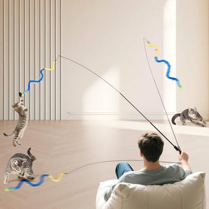 Cat Wand Toy, 8Pcs Retractable Plush Srtip Cat Teaser Wand Toys with Bell & String, Long Interactive Wand Toys for Indoor Kitten, Exercise - size: 7pcs&1pole