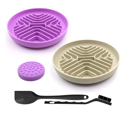 Slow Feeder Bowls for Dogs and Cats, 7.9inch Slow Down Bowl with Suction Cups, Puzzle Pet Bowls Non-Slip Design Dishwasher Microwave Safe 2PCS (Purple+Beige) - color: Purple+Beige