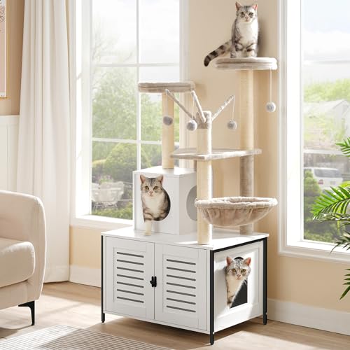 HOOBRO Cat Tree with Scratching Posts, Cat Tower Litter Box Enclosure Furniture for Indoor Cats, All-in-One Wooden Cat House Condo with Cat Hammock, Detachable Teaser Sticks, White BW14MZ03 - color: White