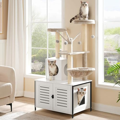 HOOBRO Cat Tree with Scratching Posts, Cat Tower Litter Box Enclosure Furniture for Indoor Cats, All-in-One Wooden Cat House Condo with Cat Hammock, Detachable Teaser Sticks, White BW14MZ03 - color: White