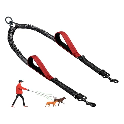 Double Dog Leash - No Tangle Splitter for Two Dogs, Coupler with Adjustable Long Lead Rope, Dual Control Handles, Retractable No Pull Bungee, Walk Train Small Medium Large 2 Pets (Red) - color: Red