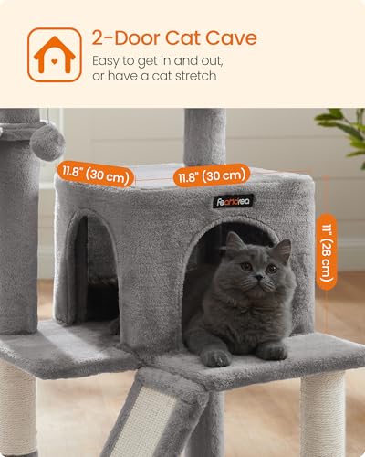 Feandrea Cat Tree, 37.8-Inch Cat Tower, Multi-Level Condo with Widened Perch, Scratching Posts and Ramp, 2-Door Cave, Hammock, Light Gray UPCT51W - color: Light Gray