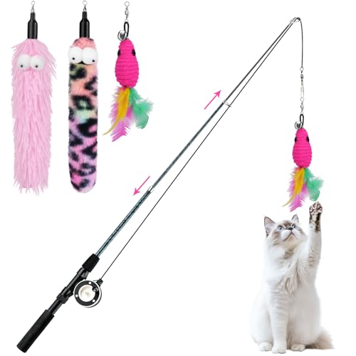 Pawaboo Cat Teaser Wand Toys, Cat Fishing Pole Toy with 3 Pack Feather Refills, 3-Section Retractable Kitten Feather Toys with Pulley, Indoor Cats Teaser Catcher Exerciser with Bell, Rose Red + Pink - color: Plush-Pink