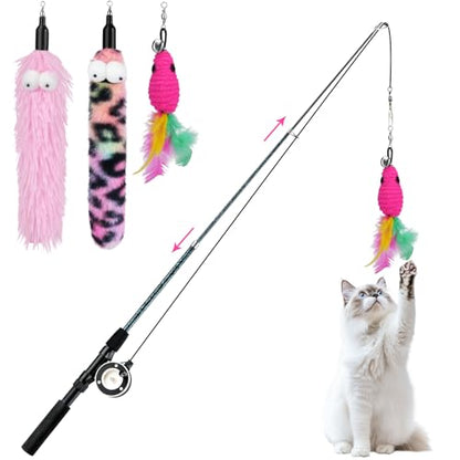 Pawaboo Cat Teaser Wand Toys, Cat Fishing Pole Toy with 3 Pack Feather Refills, 3-Section Retractable Kitten Feather Toys with Pulley, Indoor Cats Teaser Catcher Exerciser with Bell, Rose Red + Pink - color: Plush-Pink