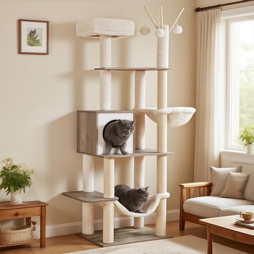 Hey-brother Wooden Cat Tree, 66.1“ Cat Furniture with Scratching Posts, Modern Cat Tower with hammocks, Toys, cat condo, Rustic Gray MPJ120SG - color: Rustic Gray