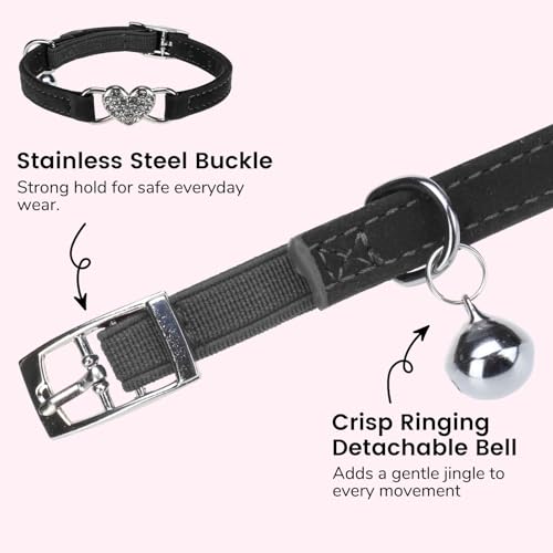 BINGPET Diamond Cat Collar,Adjustable Soft Velvet Leather Safe Kitten Collar with Crystal Heart Charm and Bells,Girl Boy Bling Stylish Cat Collars with Safety Elastic (Black, Neck Girth 8"-10" - color: Black(Heart), size: Neck Girth 8"-10"