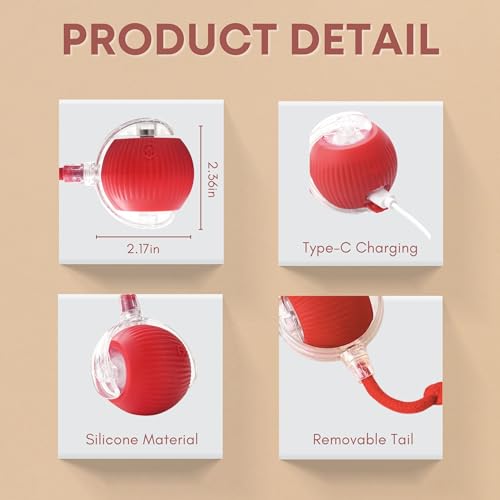 Interactive Cat Toys for Indoor Cats, 360° Automatic Moving Cat Ball, Rechargeable Rolling Ball, Toys for Indoor Interactive Kitten and Dog, Red