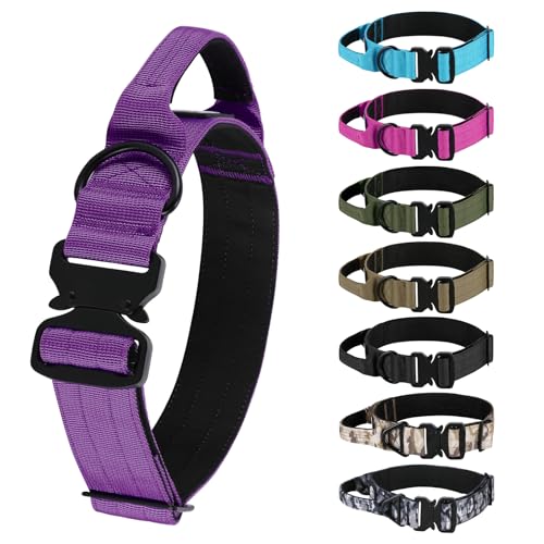 Tactical Thick Dog Collar, Adjustable Training Nylon Dog Collar, Heavy Duty Metal Buckle & Control Handle for Small Medium Large Dogs (L, Purple) - color: Purple, size: L