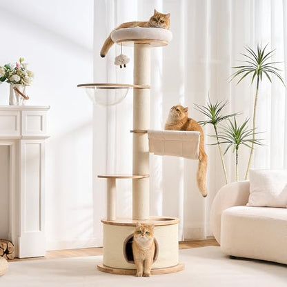 64.2" Modern Cat Tree for Indoor Cats, Solid Wood Cat Tower with Chunky Scratching Posts, 20" Roomy Condo, Cat Bed, Hammock, Capsule Nest, Interactive Squeaky Toy, Multi-Level Cat Furniture - color: 64.2"Natural