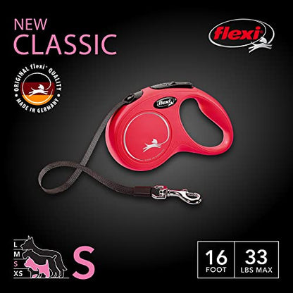 FLEXI New Classic Tape Retractable Dog Leash for Small Dogs Upto 33 lbs. – 16 ft., Red | Tangle Free Pet Walking Leash with One-Handed Brake, Pause, Lock|German Quality Product - color: Red, size: Small - 16 Feet (Tape)