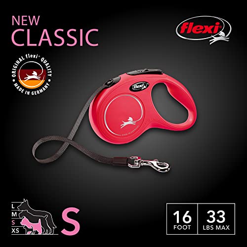 FLEXI New Classic Tape Retractable Dog Leash for Small Dogs Upto 33 lbs. – 16 ft., Red | Tangle Free Pet Walking Leash with One-Handed Brake, Pause, Lock|German Quality Product - color: Red, size: Small - 16 Feet (Tape)