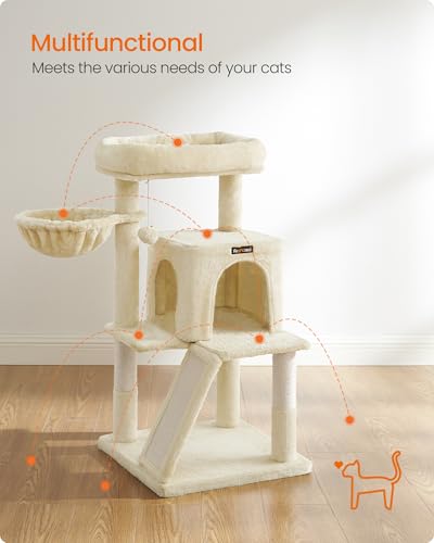 Feandrea Cat Tree, 37.8-Inch Cat Tower, Multi-Level Condo with Widened Perch, Scratching Posts and Ramp, 2-Door Cave, Hammock, Beige UPCT51M - color: Beige