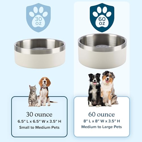 Set of 2 Stainless Steel Slow Feeder Dog Bowls - 60oz/7.5 Cups Double Wall Insulated Food and Water Bowls for Dogs - Non Slip Metal Pet Dishes for Medium to Large Sized Pets by PETMAKER (Cream) - size: 60oz