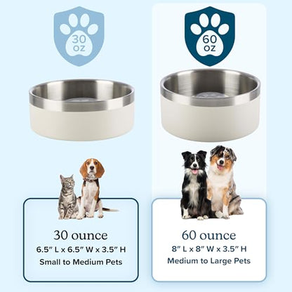 Set of 2 Stainless Steel Slow Feeder Dog Bowls - 60oz/7.5 Cups Double Wall Insulated Food and Water Bowls for Dogs - Non Slip Metal Pet Dishes for Medium to Large Sized Pets by PETMAKER (Cream) - size: 60oz