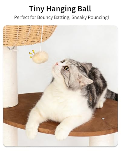 Modern Cat Tree for Large Cat, 57-Inch Tall Cat Tower with Scratching Post for Indoor Cats, Multi-Level Cat Condo with Hand-Woven Cat Bed and Acrylic Bowl (White 81007DD) - color: Brown 81007D
