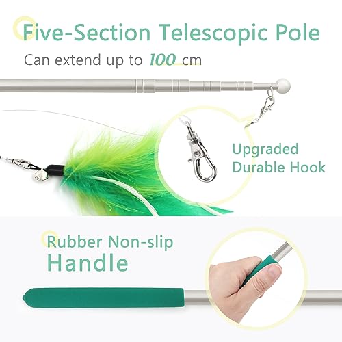 Cat Feather Toys Wand - 7 Pcs Interactive Cat Toys for Indoor Cats Kittens, Retractable Cat Wand with 6 Feather Teaser Refills with Bell, Cats Fishing Pole Toy, Green - color: Green