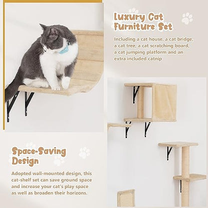 5 Pcs Wall-Mounted Cat Climber Set, Wood Indoor Cat Shelves with Perches, Ladder, Cat Condo House, Scratching Board and Cat Tree, Wall Shelves Furniture (Beige) - color: Beige