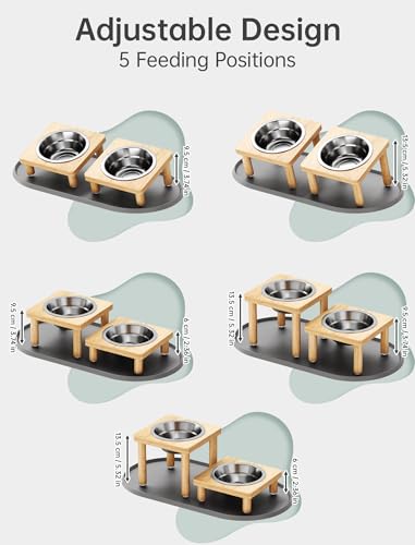 NiHome Elevated Cat Bowls with Food Mat for Indoor Cats, 5 Feeding Positions Raised Cat Bowl Bamboo Stand with 2 Stainless Steel Bowls, Whisker Friendly Dishwasher Safe Pet Food and Water Bowl