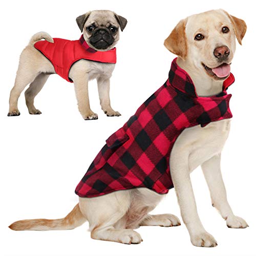 AOFITEE Dog Coat Plaid Dog Winter Coat for Small Dogs, Warm Dogs Jacket Christmas Sweater, Waterproof Pet Puffer Jacket, Reversible Pet Cold Weather Coats for Small Medium Large Pets, Red L - color: Red, size: Large