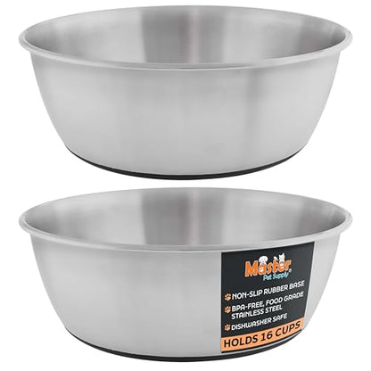 Master Pet Supply Stainless Steel Dog Bowls Set of 2 (128 Oz Each) with Non-Slip Rubber Base - Stainless Steel - Basic Dog Food Bowl Water & Food Bowls for Small Medium Large Dogs & Cats, Metal Dish - color: Stainless Steel, size: 16 Cups (128 oz) 2 Pack