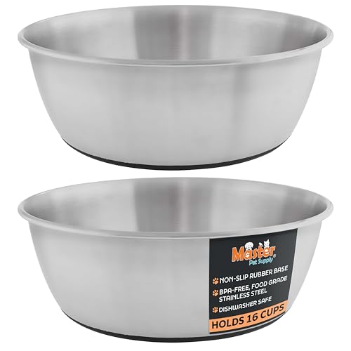 Master Pet Supply Stainless Steel Dog Bowls Set of 2 (128 Oz Each) with Non-Slip Rubber Base - Stainless Steel - Basic Dog Food Bowl Water & Food Bowls for Small Medium Large Dogs & Cats, Metal Dish - color: Stainless Steel, size: 16 Cups (128 oz) 2 Pack