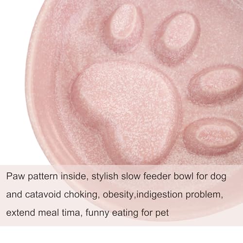 Ceramic Slow Feeder Bowl, 6.69 x 5.7 inches, Elevated Design with Paw Pattern, for Cats and Small Dogs (Pink) - color: Pink