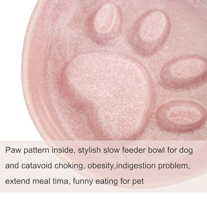 Ceramic Slow Feeder Bowl, 6.69 x 5.7 inches, Elevated Design with Paw Pattern, for Cats and Small Dogs (Pink) - color: Pink