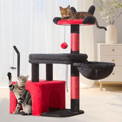 Taoqimiao MS043BR Cat Tree, 32.2-Inch Cat Tower for Indoors Cats, Cat Condo with Large Cat Perch, Spacious Cat Cave, Scratching Posts for Small and Medium Cats, Black and Red - color: Gothic