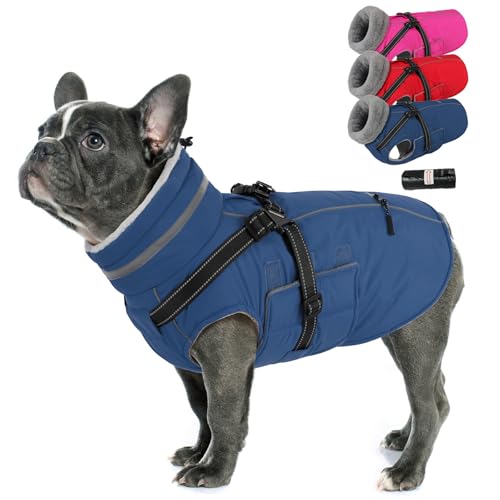 Dog Coat Small, Built-in Harness Dog Jacket with Warm Fleece Lining, Waterproof Reflective Dogs Winter Coat, Pet Coats with Pocket and Trash Bags (Navy Blue, Small) - color: Navy Blue, size: Small