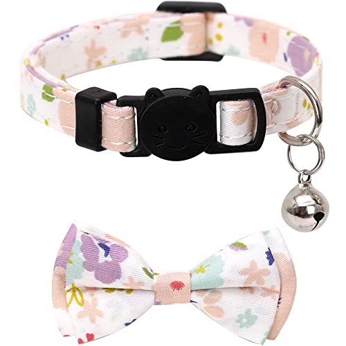 2 Pack/Set Cat Collar Breakaway with Cute Bow Tie and Bell Plaid Flower for Kitty Adjustable Safety - color: Purple