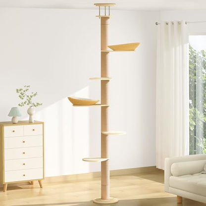 Solid Real Wood Floor to Ceiling Cat Tree, 6 Level Adjustable Height (89"-105"), Modern Climbing Tower with Thickened Wooden Sisal Scratching Posts & Cozy Bed for Indoor Cats Large Adult - size: 6 Level | 89-105 in