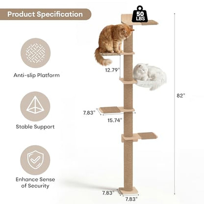 Tall Cat Tree, 5 Tier Floor Cats Tower, Wall-Mounted Kitten Sisal Scratching Post, with Cozy Hammock, Suitable for Climb, Scratch, Lookout and Play (Wall-Mounted) - size: Wall-mounted